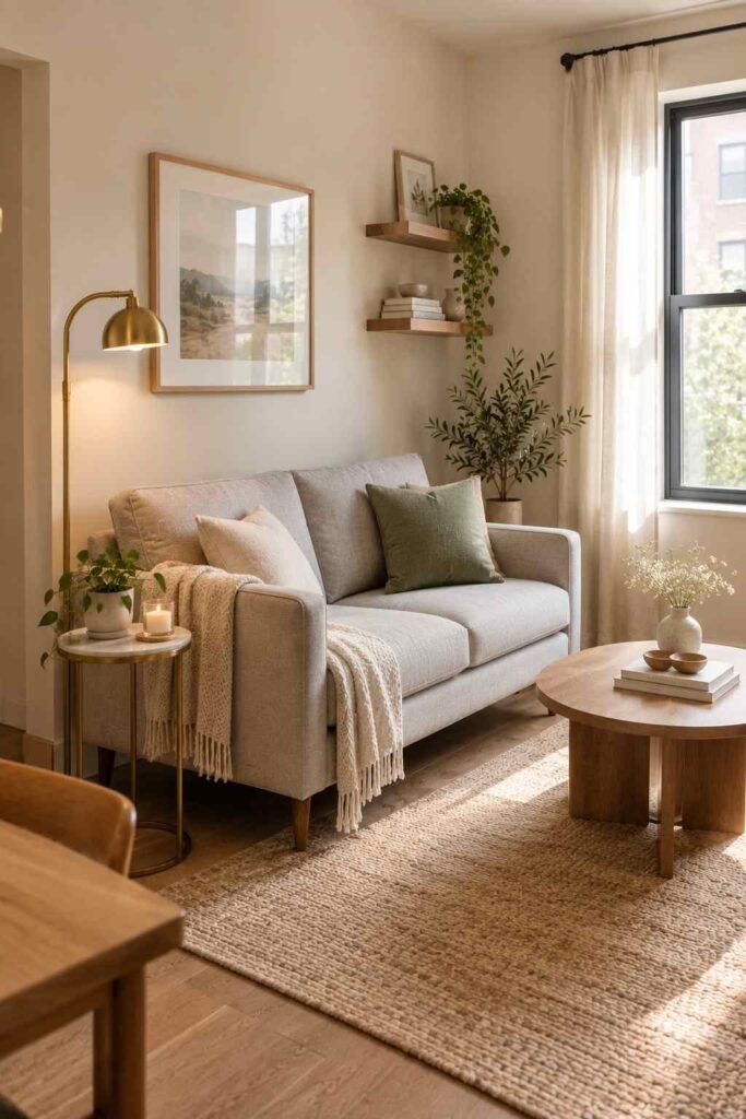 Slim light grey loveseat in a small apartment living room