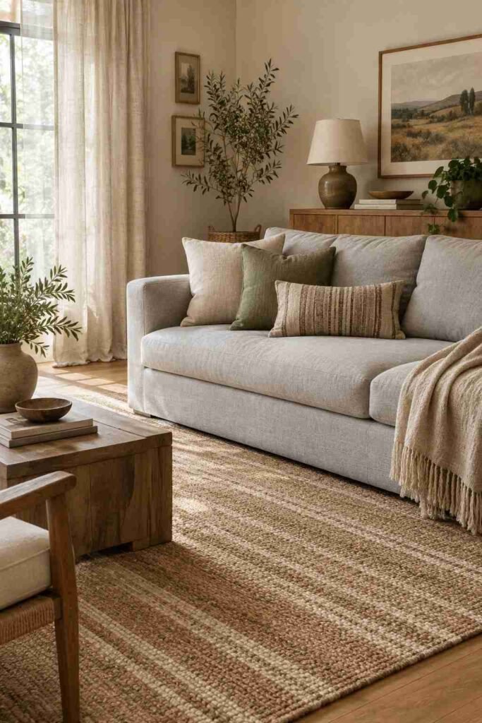 Light grey couch with a natural striped jute rug