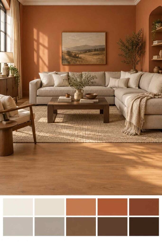 Light grey couch against terracotta walls with a warm color palette swatch strip