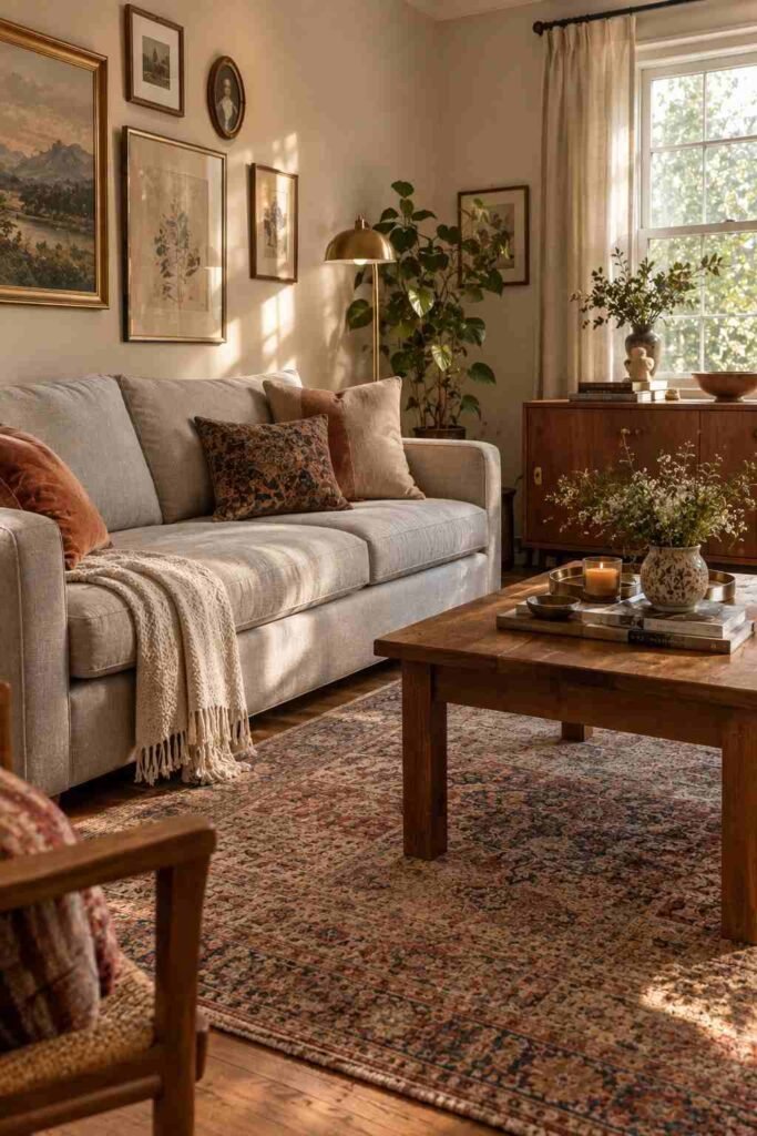 Light grey couch paired with a faded vintage Persian rug