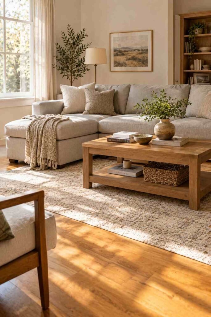 Light grey couch paired with warm oak flooring for matching undertones