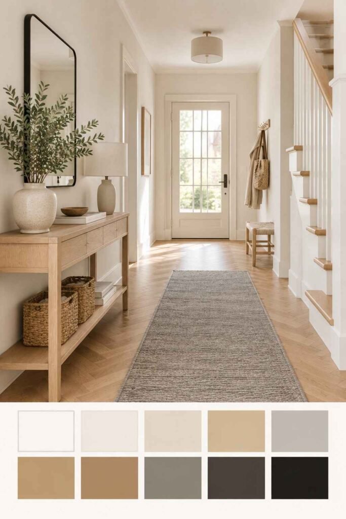 Light oak herringbone floor in a Scandinavian entryway with a 10-color palette strip