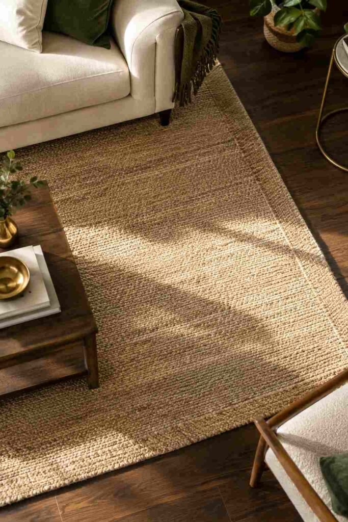 25 Dark Living Room Ideas to Brighten Your Home Without a Renovation 14 Pale jute rug layered over dark hardwood flooring in a living room