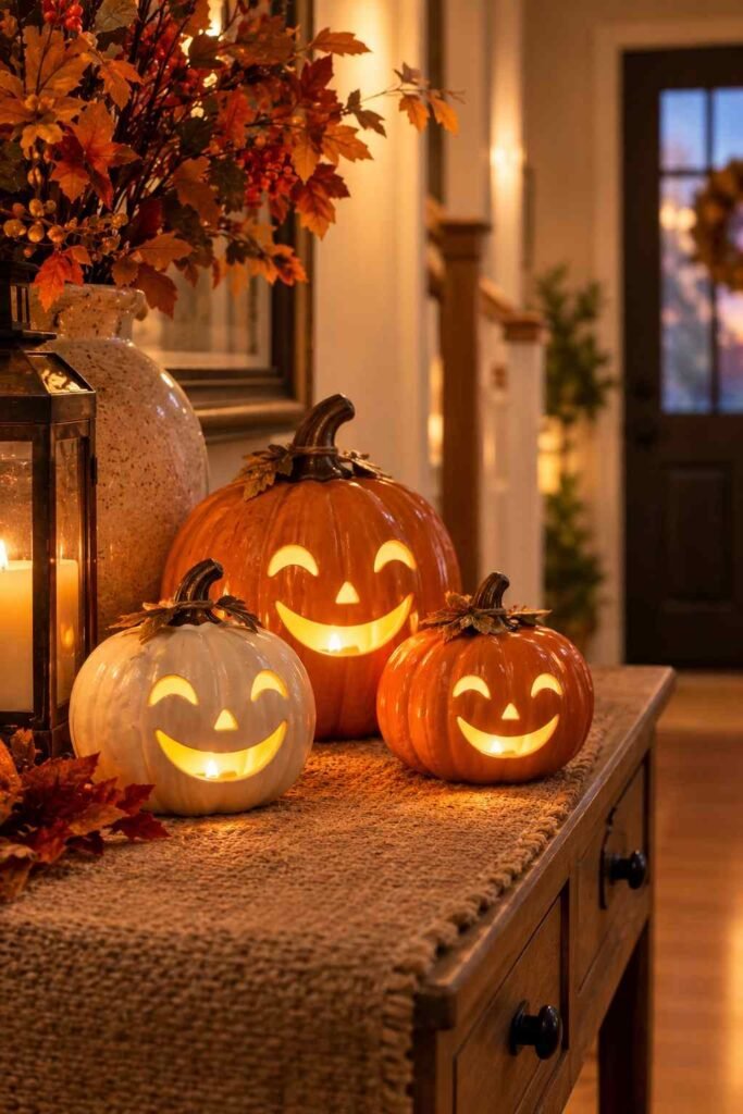 Halloween Decor for Entry Table Ideas to Welcome Guests Spooky, Elegant & Budget-Friendly 20 Light-up smiling pumpkin trio glowing on a family entry table