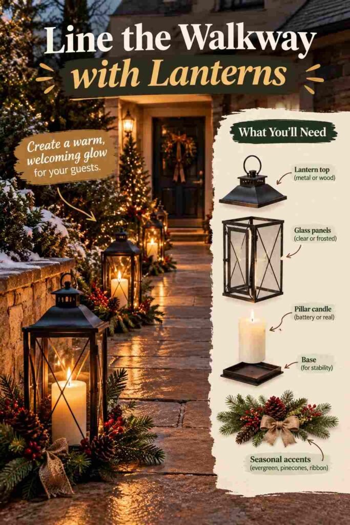 Cozy Christmas Decor Ideas to Make Every Room Feel Warm and Inviting 6 Christmas walkway lined with glowing lanterns, evergreen garland, pinecones, and warm seasonal accents leading to a decorated front entrance.