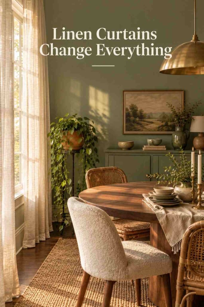 Sheer linen curtains filtering afternoon light into a sage green dining room.