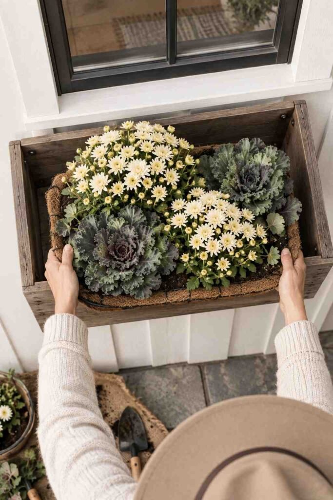 Fall Window Box Ideas to Turn Your Porch Into an Autumn Showstopper 18 Hands placing a pre-planted liner into an empty fall window box.