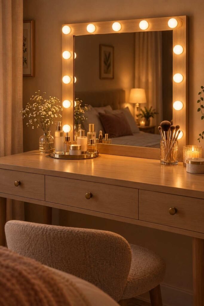 Mirror Table Decor Bedroom: 26 Stylish Ideas for Nightstands, Dressers & Vanities 13 Vanity mirror with warm built-in bulbs glowing above a tidy bedroom table