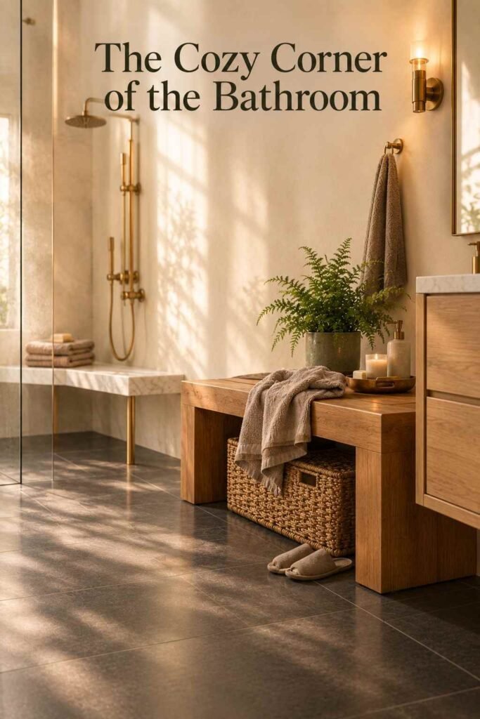 Teak bathroom bench styled with a rumpled taupe towel and slippers under warm brass sconce lighting.