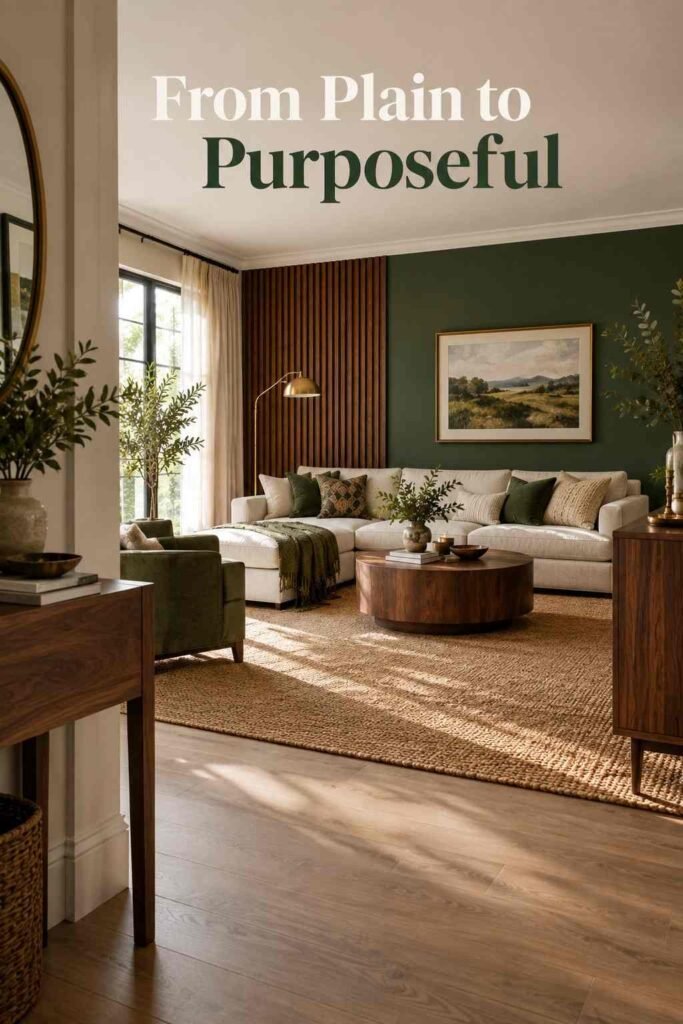 View from a living room doorway toward a green wood-slat accent wall.