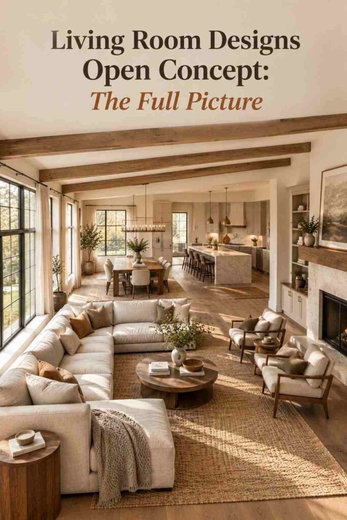 High-angle view of an open concept living, dining, and kitchen space with exposed ceiling beams.