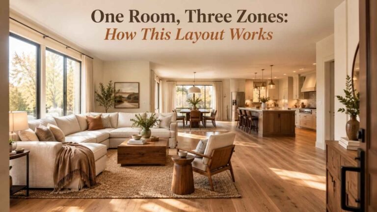 Open concept living room with sectional sofa, dining area, and kitchen visible in one continuous space.