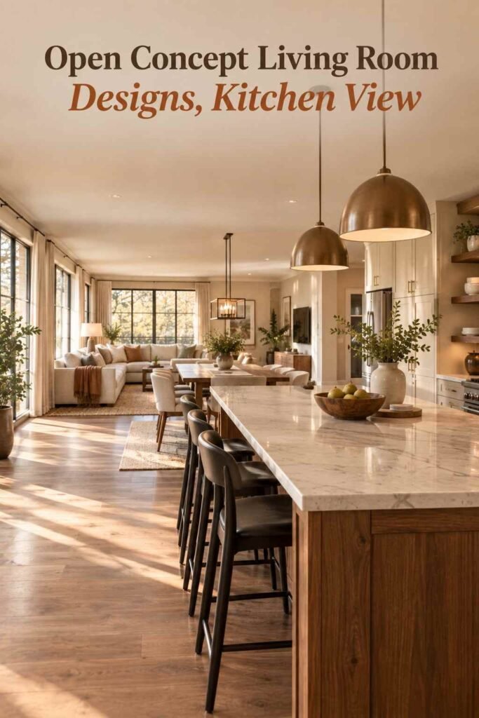 View from kitchen island across dining and living room in an open concept layout.