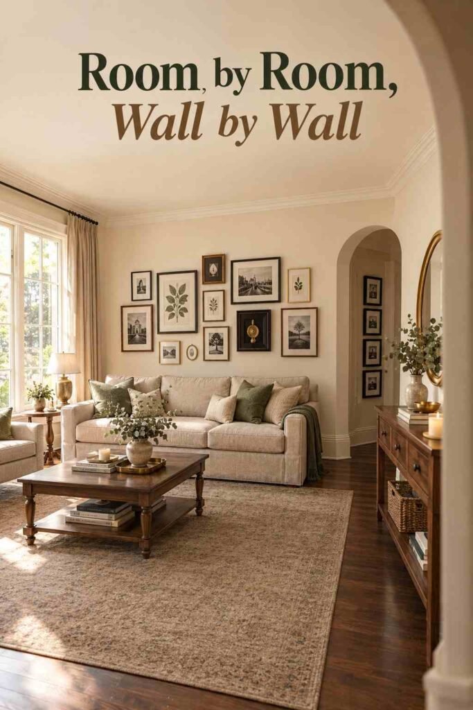 Picture Frame Wall Ideas to Turn Blank Walls Into Personal Stories 5 Diagonal view across a cream living room showing a framed gallery wall, linen sofa, tall window, and arched doorway.