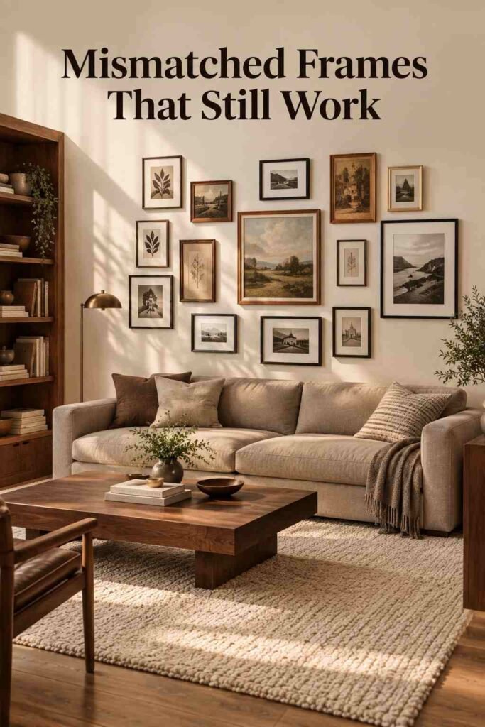 Living room wall covered edge to edge with mismatched black and walnut picture frames in a salon-style arrangement.