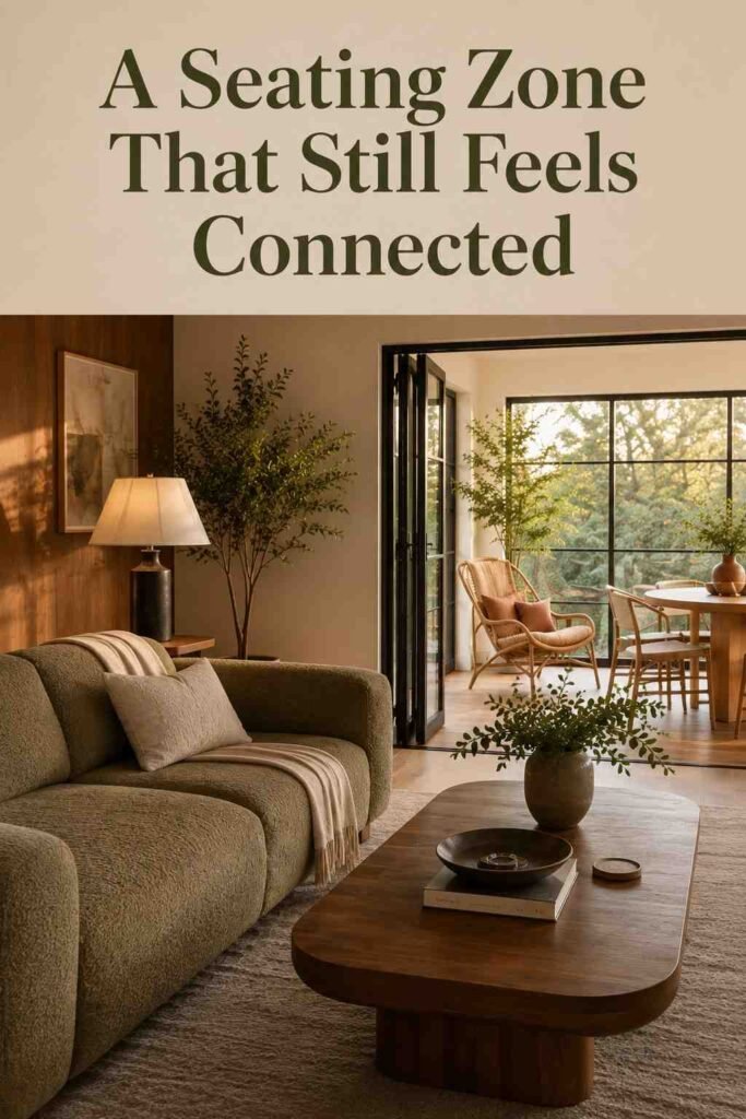 Sage green sofa and walnut coffee table in a living room, with an open doorway to a bright sunroom visible in the background.