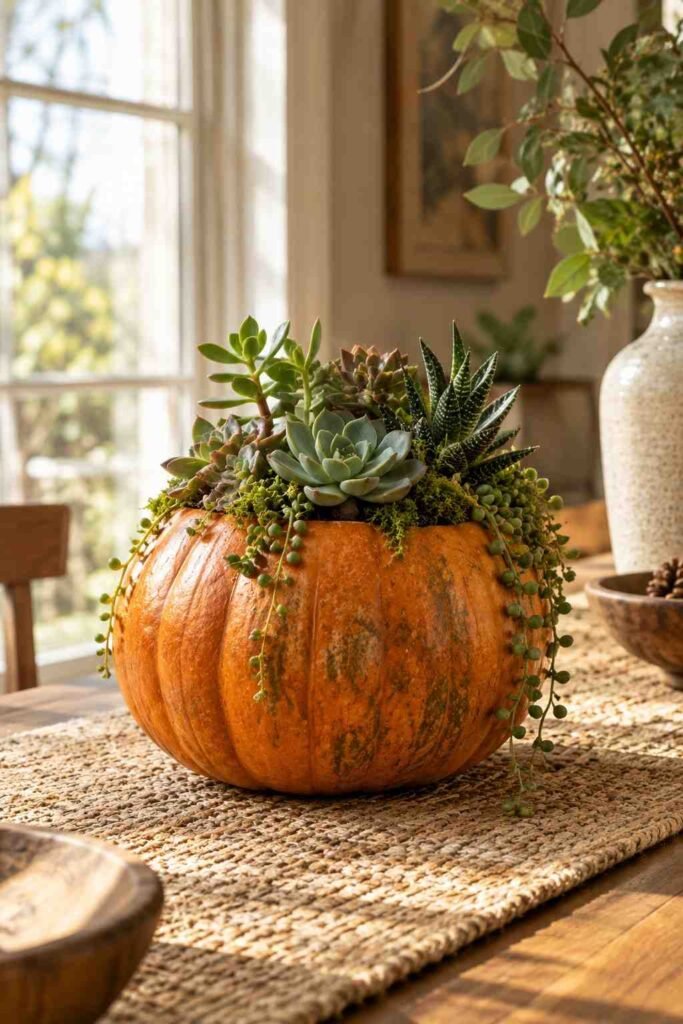 Halloween Decor for Entry Table Ideas to Welcome Guests Spooky, Elegant & Budget-Friendly 17 Succulents planted inside a hollowed pumpkin on an entry table