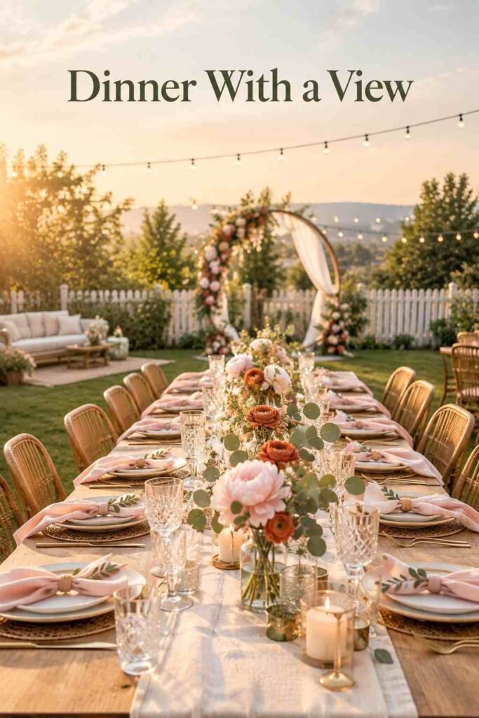Long pale-oak farm table with ivory linen and gold flatware stretching toward a blurred floral arch at golden hour.