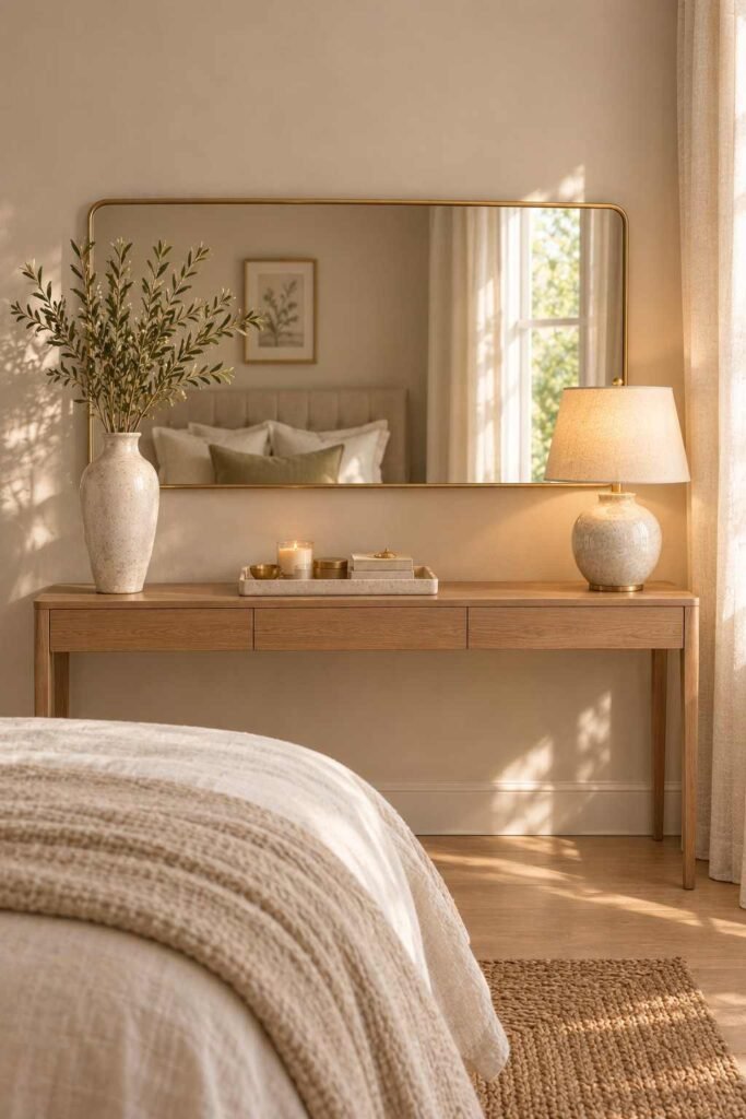 Mirror Table Decor Bedroom: 26 Stylish Ideas for Nightstands, Dressers & Vanities 17 Long horizontal mirror above a slim console table in a bedroom