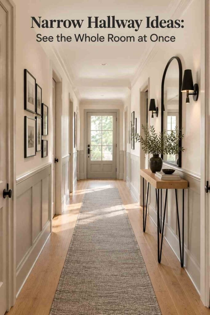 Narrow Hallway Ideas That Make a Tight Corridor Feel Wider, Brighter, and Full of Character 2 View from the far end of a narrow hallway looking back toward the entry, showing a grey runner rug and blonde wood flooring running the full length.