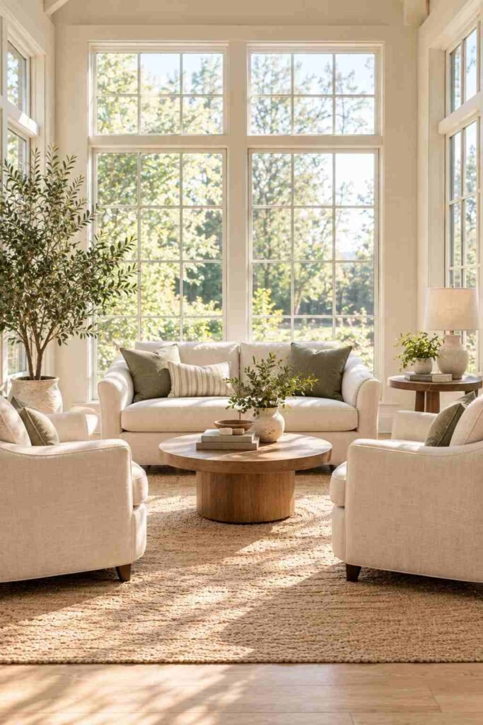 Loveseat and matching armchairs as indoor sunroom furniture seating group