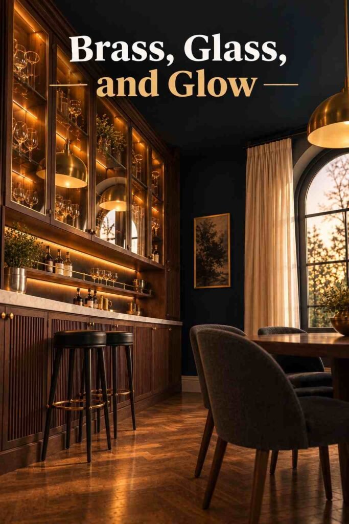 Dining Room Bar Ideas to Make Every Dinner Feel Like a Party 17 Low-angle view of brass-framed glass cabinet doors reflecting a pendant light and an arched window above a cream stone counter edge.