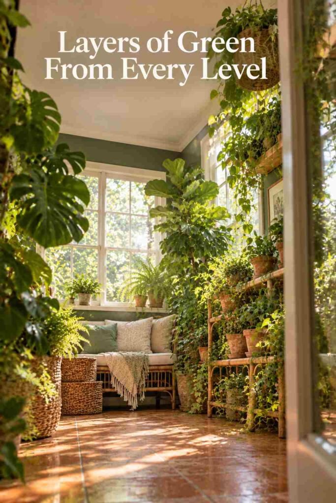 Low-angle view looking up through layered foliage toward ceiling-hung plants and window light
