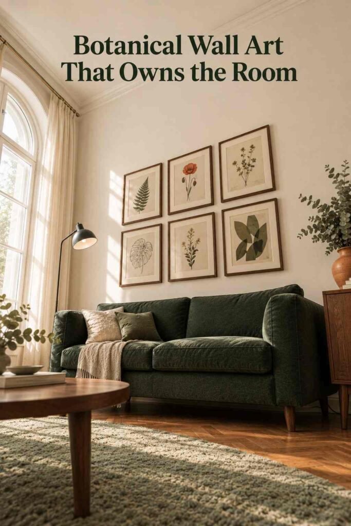 Low-angle view of a tall gallery wall of framed plant prints above a green sofa, with a terracotta vase at the right.