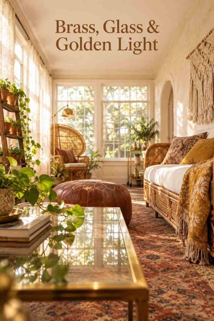 Boho Sunroom Ideas Vintage Lovers Will Adore 15 Low view across a glass coffee table with brass edges reflecting window light, with a pouf and rattan sofa behind.