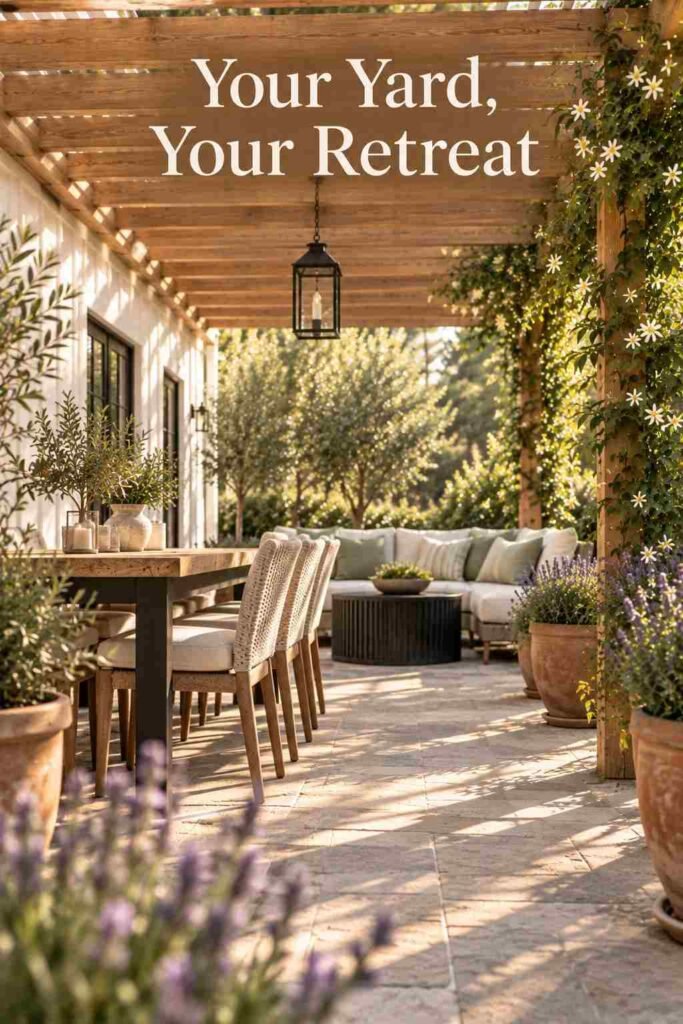 Low-angle view with lavender in the foreground and a cedar pergola, dining table, sofa, and hanging lantern beyond.