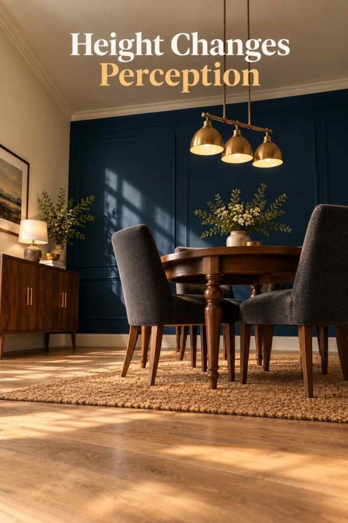 Dining Room Accent Wall Ideas That Will Transform Your Space in 2026 8 Low-angle view of a dining room showing table legs, a navy accent wall, and a brass pendant light.
