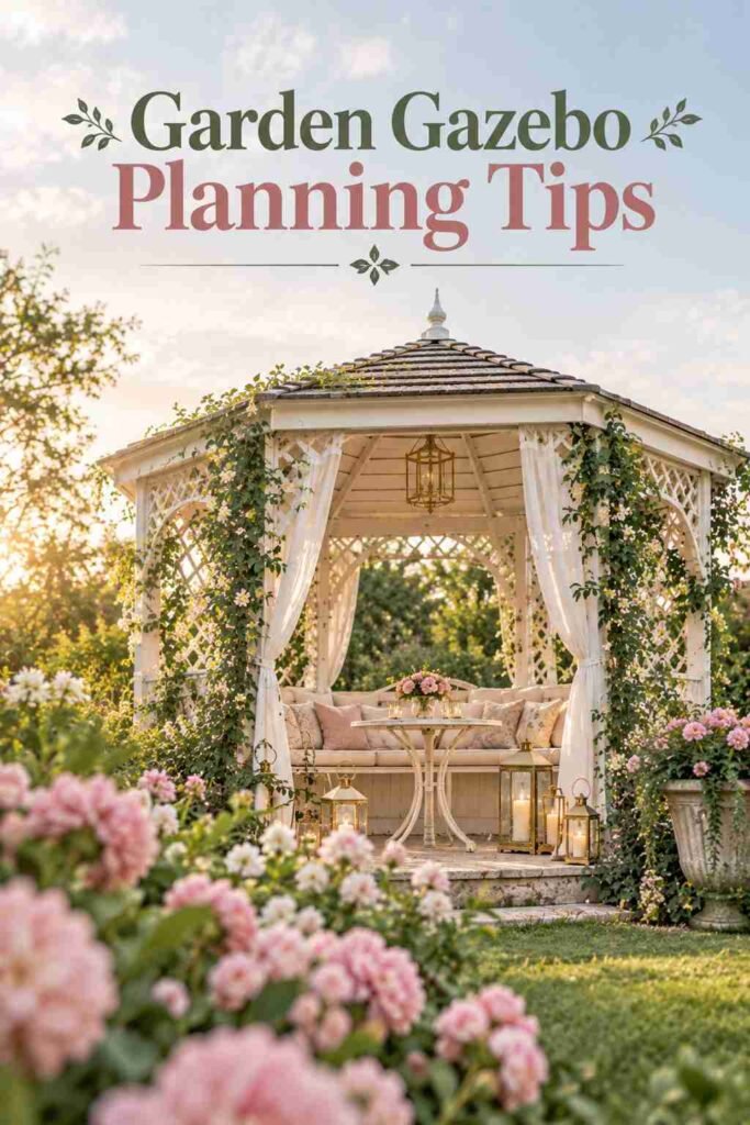 Low-angle view through blush peonies toward a white lattice backyard gazebo.