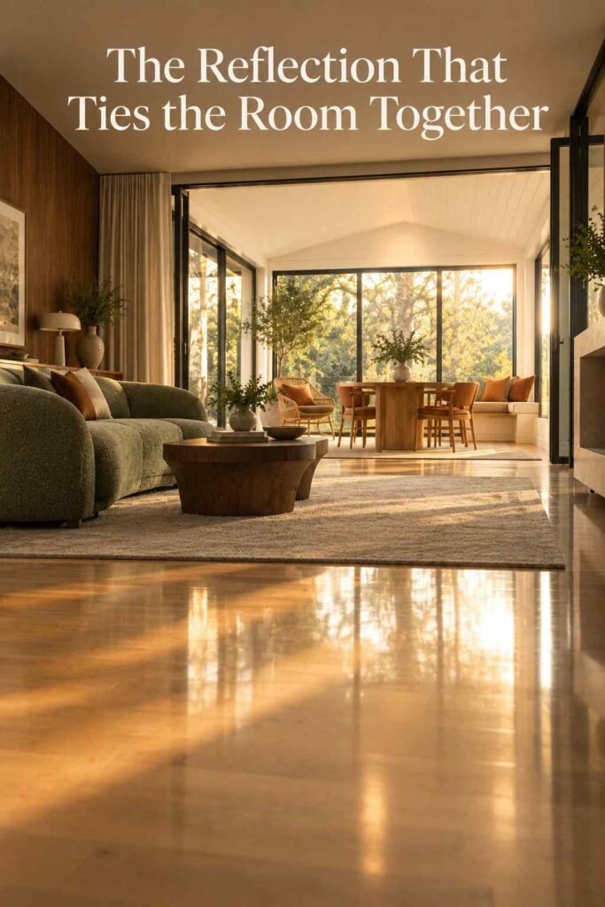 Low-angle view of an open living room and sunroom with warm light reflecting off polished wood flooring.