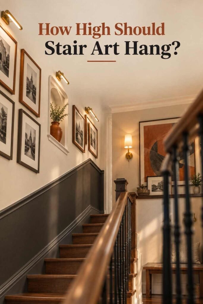 Wall-Going-Downstairs Ideas to Turn Your Staircase Into a Showpiece 9 Low-angle view up a staircase wall, with a line of framed photographs above the handrail and a glowing sconce near the landing.