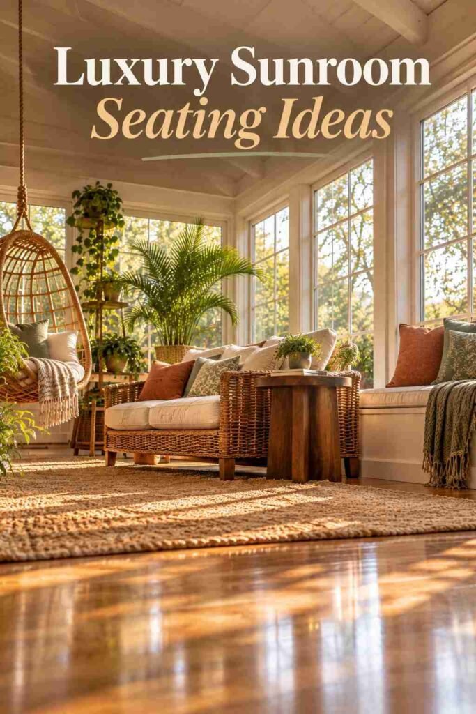 Low-angle view of wicker loveseat legs and a jute rug with light reflecting on a polished oak floor.