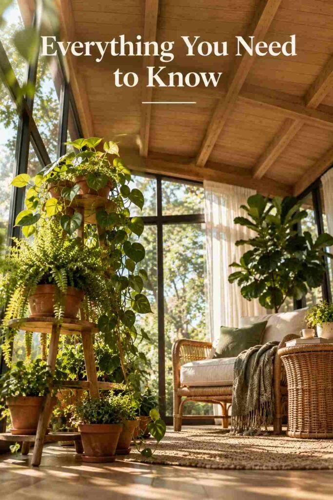 Low-angle view looking up past a tiered plant stand toward a wood beam ceiling and glass walls.