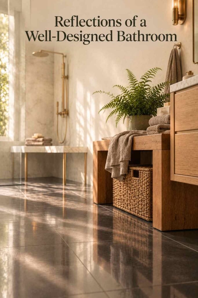 Low-angle view of a teak bathroom bench with its reflection faintly visible on polished charcoal floor tile.