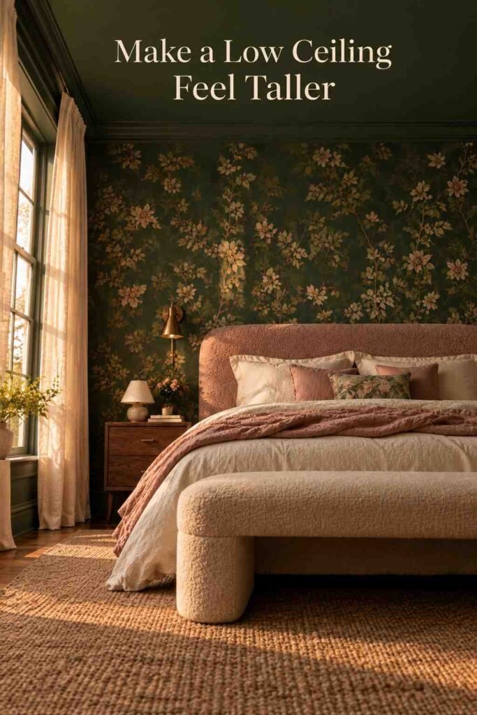 Feature Wall Bedroom Ideas: The Complete 2026 Guide to a Show-Stopping Statement Wall 8 Low-angle view of a green wallpaper feature wall rising behind a cream bench and bed in a bedroom.