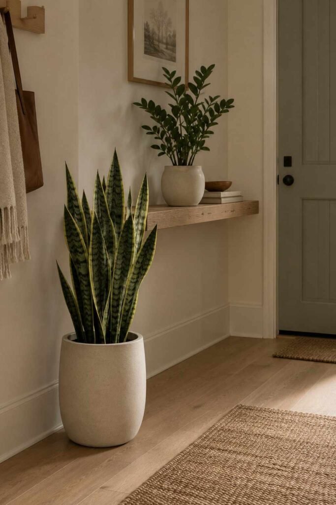 Snake plant and ZZ plant in ceramic pots in a shaded Scandinavian entryway