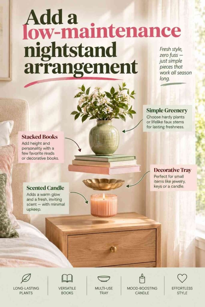 Spring Home Decor Ideas to Refresh Every Room in 2026 8 Exploded view of a low-maintenance nightstand arrangement with greenery, stacked books, a decorative tray, and a candle.