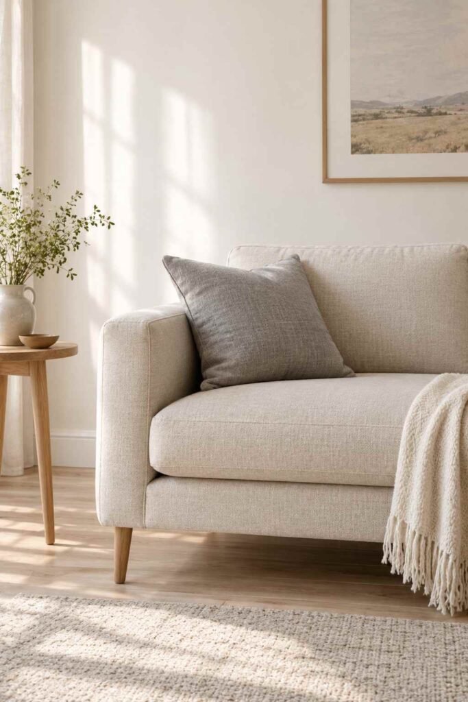 26 Scandinavian Cottage Interior Design Ideas for a Warm, Nordic, Light-Filled Home 5 Oatmeal sofa with slim wooden legs in a compact Scandinavian cottage living room