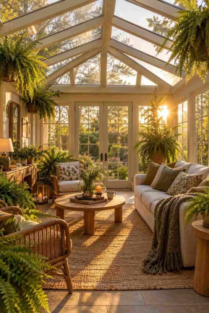 Lush Fern Sunroom Ideas to Turn Any Room Into a Living Retreat (Ideas, Plants & Care Tips) 20 Finished lush fern sunroom design with golden hour light