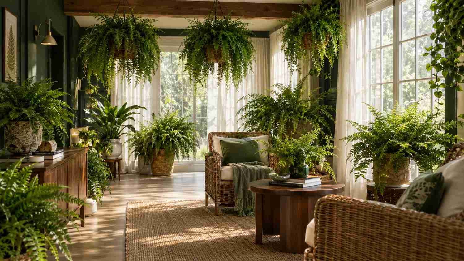 Lush fern sunroom with hanging Boston ferns and a Deep Green Jungle