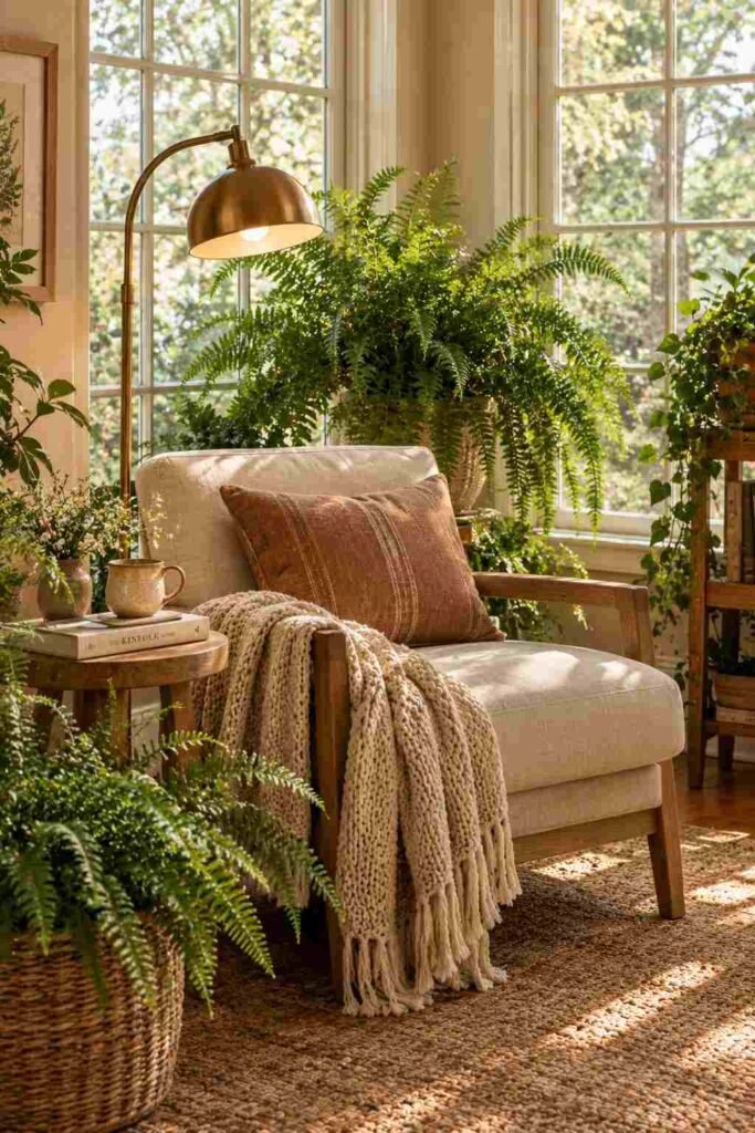 Fall Decor Indoor Ideas to Transform Your Home This Season That Actually Feel Warm 16 Lush fern sunroom styled with a knit throw and reading lamp for a cozy fall nook