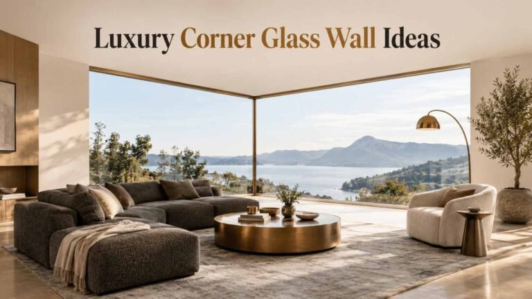 Living room with a frameless corner glass wall in a brushed bronze frame, charcoal sofa, and soft natural light.