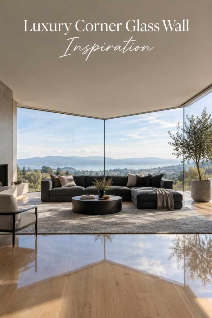 Luxury Corner Glass Wall Ideas to Transform Modern Home Design 10 Wide view of a corner glass wall living room with natural light reflecting on oak flooring.