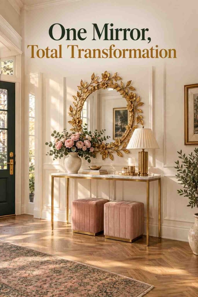 Luxury Floral Wall Mirror Ideas to Transform Your Home in 2026 11 Wide shot of a glam entryway featuring a gilded floral wall mirror as the focal point.