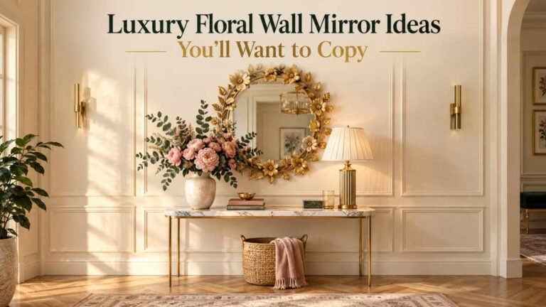 Round gold-leaf luxury floral wall mirror above a marble console table in a glam entryway.