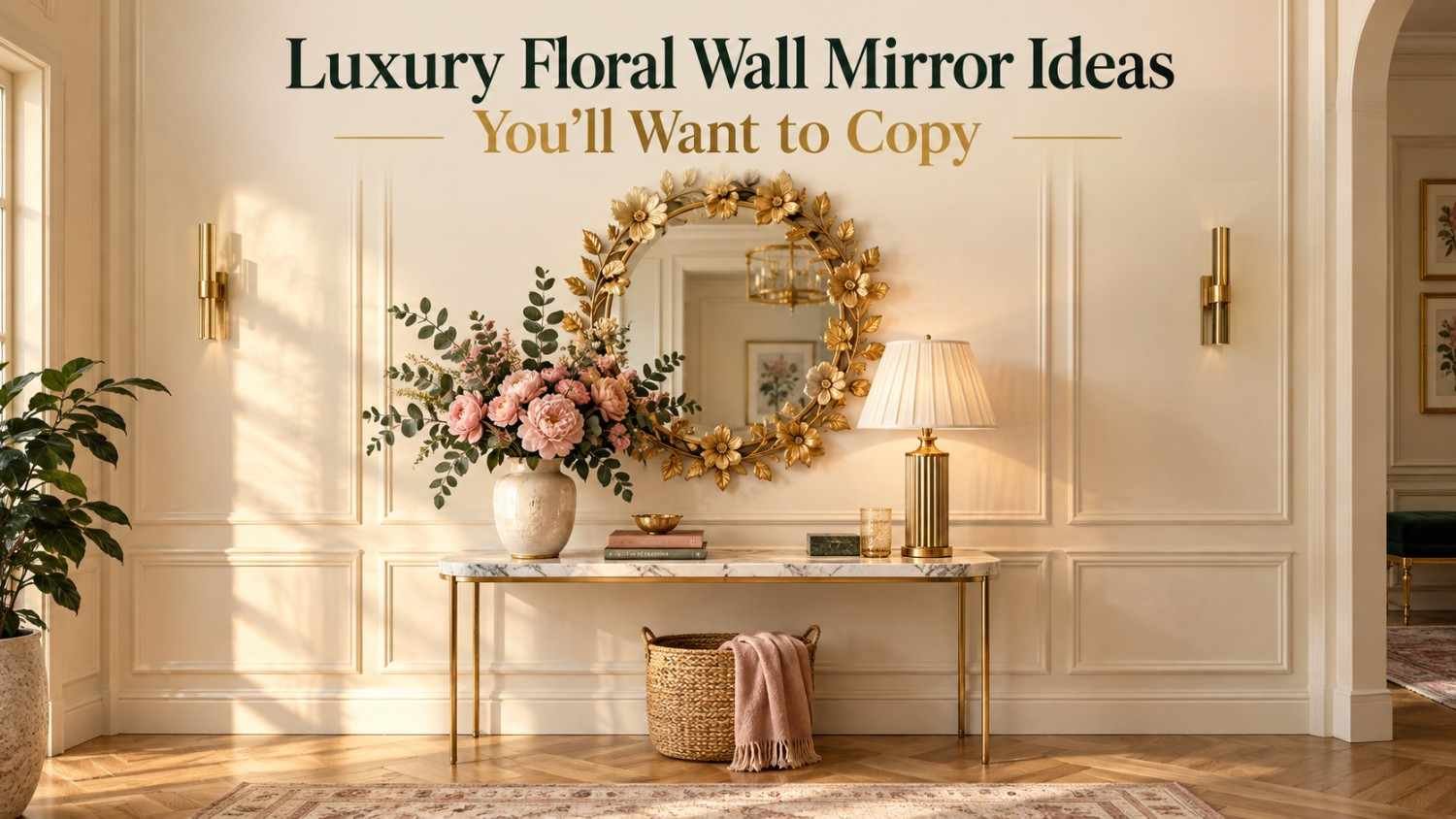 Round gold-leaf luxury floral wall mirror above a marble console table in a glam entryway.