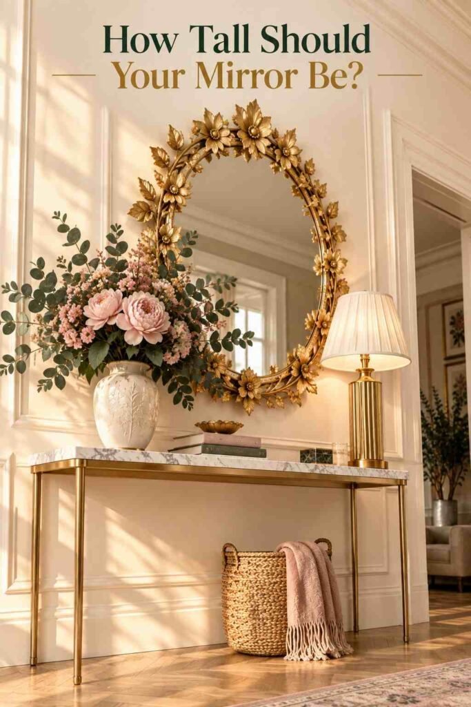 Luxury Floral Wall Mirror Ideas to Transform Your Home in 2026 3 Low-angle view of a tall luxury floral wall mirror mounted above a console table.